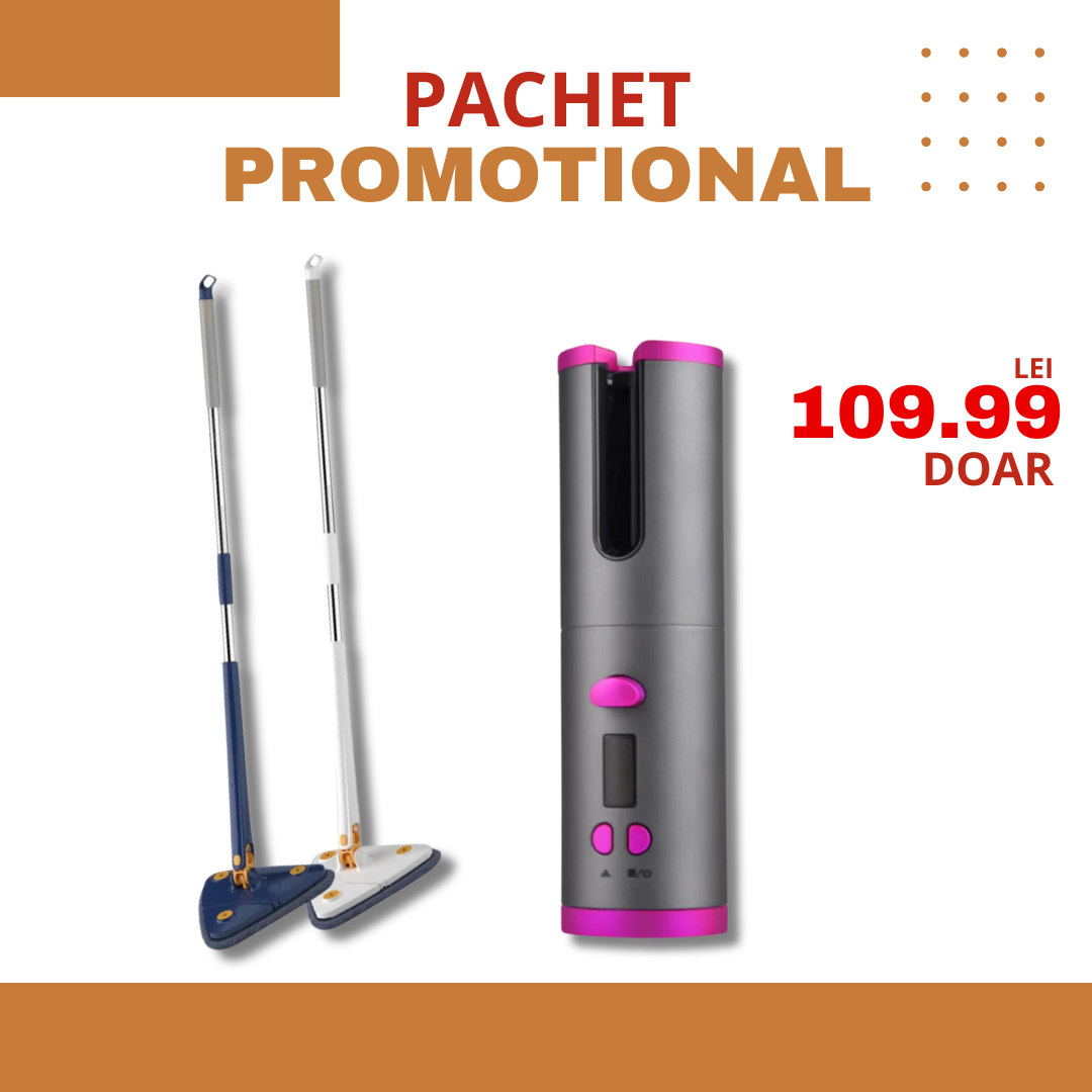 Pachet promoțional – Mop rotativ 360° + Ondulator automat CurlyHeat pentru curățenie și coafuri perfecte