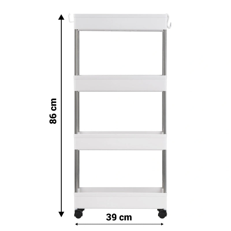 Carucior organizator slim portabil cu 4 rafturi, alb, 39 x 12.5 x 86 cm