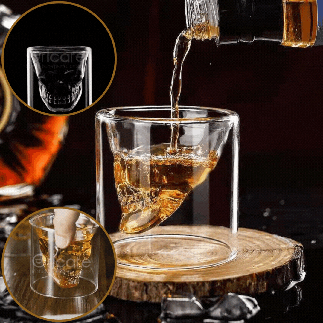 Set de 4 Pahare Shot Craniu Hot&Cool 75 ml - Pahare Termo cu Perete Dublu
