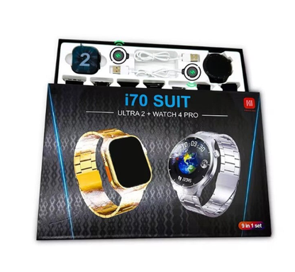 Set 9 in 1 cu 2 ceasuri smart i70 SUIT, 49mm ULTRA 2 + WATCH 4 PRO cu ecran rotund + 7 curele negre, cabluri de incarcare magnetice