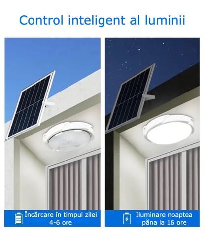 Plafoniera solara 100-200W, diametru 240mm, cu telecomanda, control inteligent, IP65, Alb