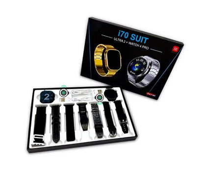 Set 9 in 1 cu 2 ceasuri smart i70 SUIT, 49mm ULTRA 2 + WATCH 4 PRO cu ecran rotund + 7 curele negre, cabluri de incarcare magnetice