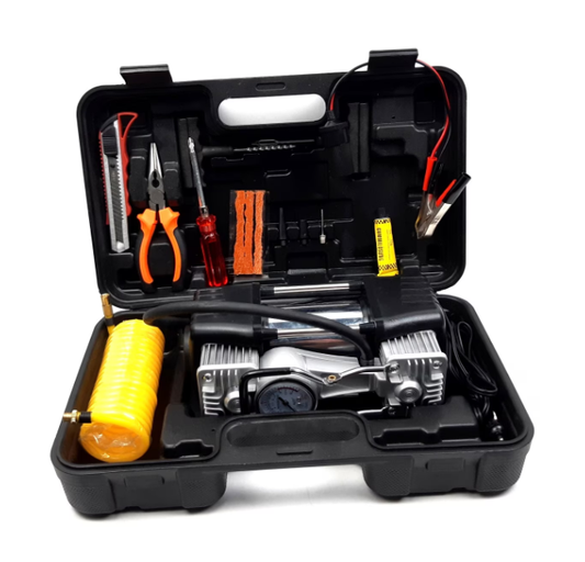 KIT auto pentru pana, Compresor auto cu 2 cilindri, 12V, metalic + accesorii