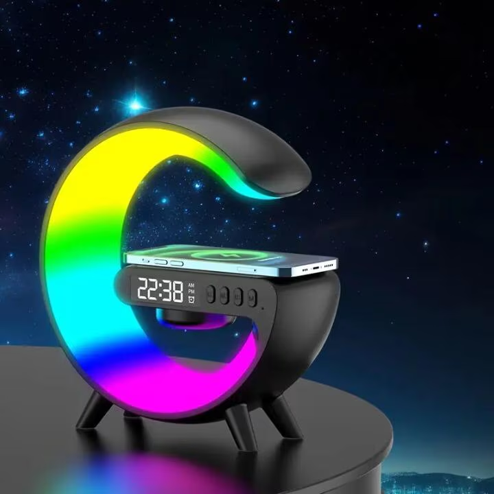 Lampa RGB cu ceas cu alarma, lumina si sunet, difuzor Bluetooth si incarcator rapid wireless