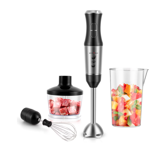 Blender de mana 4 in 1, 400W, 2 viteze, Functie turbo, Cana 500 ml, Tocator 600 ml